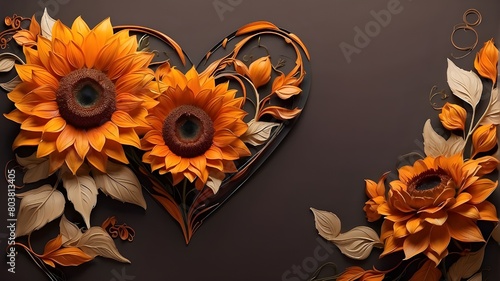 Halloween Sunflower High Quality Illustration, classic sunflowers with vivid orange and yellow petals, close-up of sunflowers on a black backdrop,vines and flowers on a matt black background,Sunflower