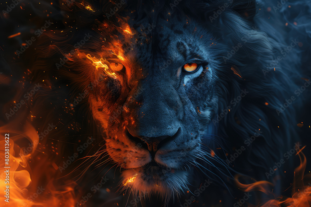 a lion's face half in fire and the other side is dark, fantasy art style. Created with Ai