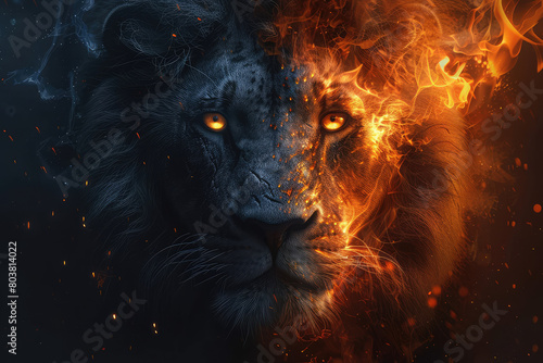 A black lion with glowing eyes made of fire on the left side and an orange lion head on right, background is dark blue. Created with Ai