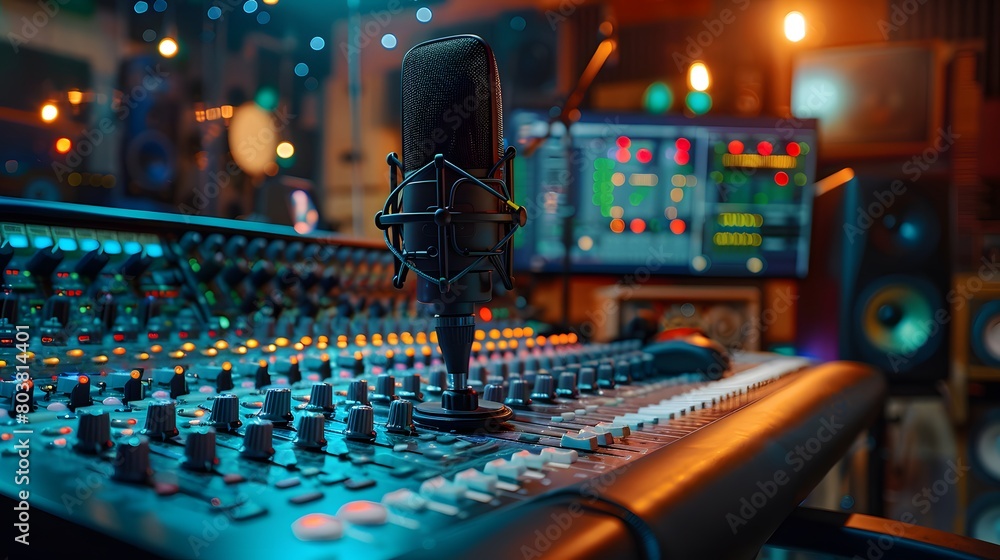 Fototapeta premium Studio Microphone Centered in a Professional Recording Environment