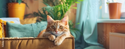 Living Room Interior with a Cat Sitting in a Box Near a Window photo