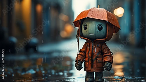 A highly detailed and realistic 3D rendering of a robot standing in the rain