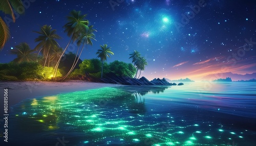 "Island Mirage: Celestial Reflections in Bioluminescent Waters" 