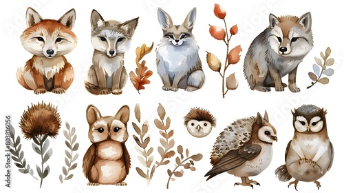 Watercolor Illustration Set Including Wolf  Hare  Hedgehog  Owl  and Bird