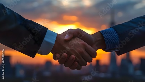 Successful business deal handshake against sunset skyscraper background. Concept Business, Deal, Handshake, Success, Sunset Skyline