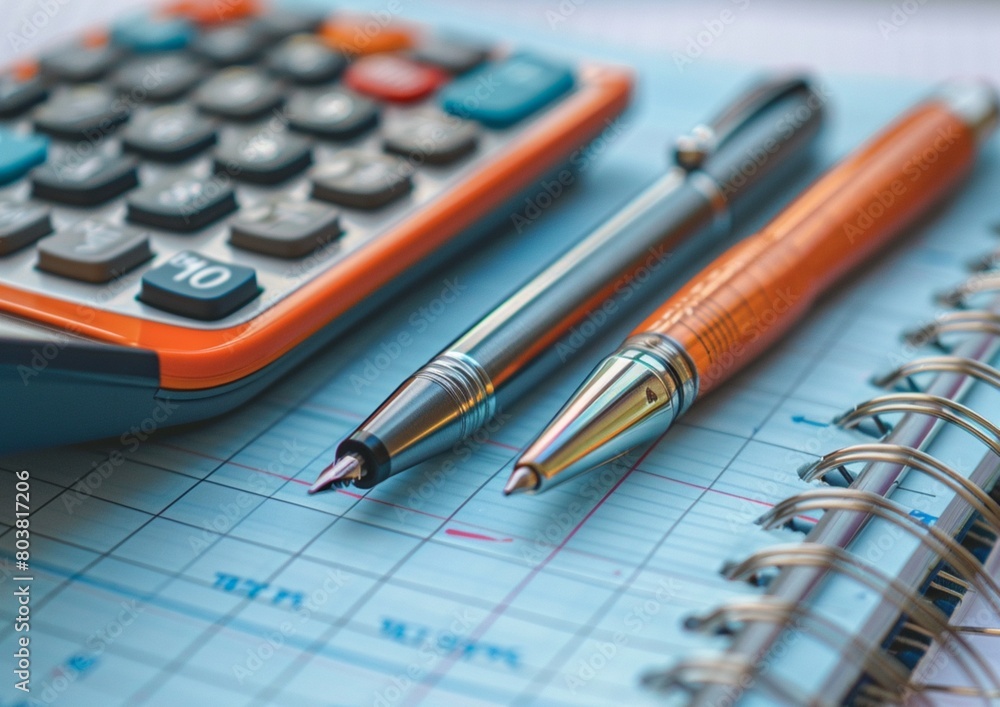 A ballpoint pen and a calculator lie on a notebook. A ballpoint pen and a calculator lie on a notebook.