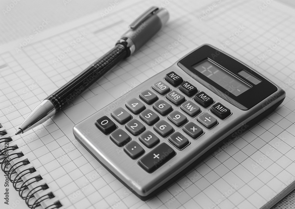 A ballpoint pen and a calculator lie on a notebook. A ballpoint pen and a calculator lie on a notebook.