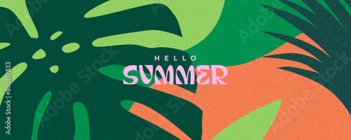 Summer horizontal background with bright abstract tropical leaves. Modern art minimalist style design template for sales, horizontal poster, header, cover, social media, fashion ads