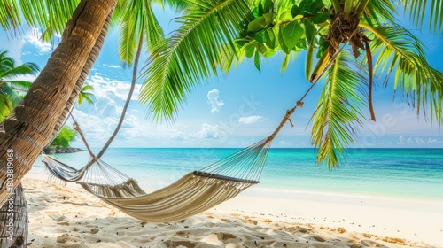 hammock between palm trees with beach view with white sand and turquoise water and blue sky with white clouds background