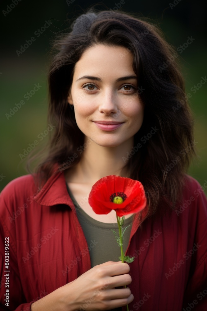 Portrait of a woman in a poppy field. Vertical photo. Generative AI. Portrait of a woman in a poppy field. Vertical photo. Generative AI.