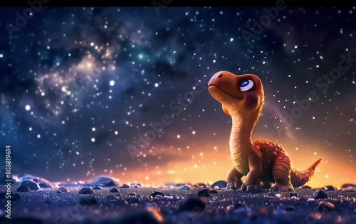 Very adorable cute cartoon dinosaur character in front of the Milky Way galaxy photo