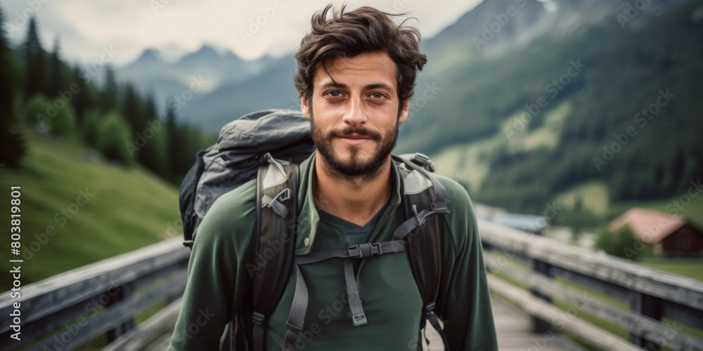 A male tourist stands on a mountain bridge in the Alps. Generative AI.