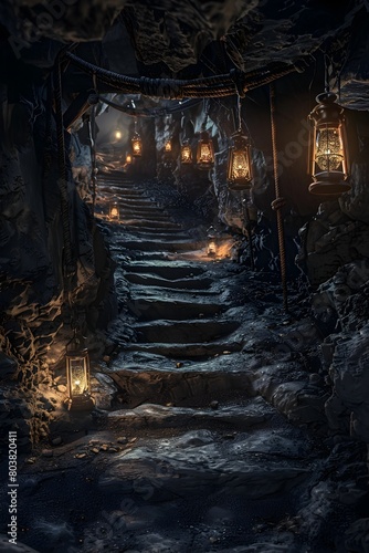 Mine Tunnels Glowing with Lantern Light Intricate Network Illuminated by Miners Hardwork photo