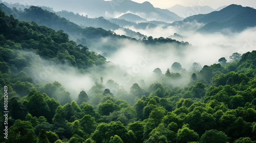 Misty mountain landscape with green jungle trees