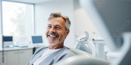 The snow-white smile of a middle-aged man in the dentist   s office. Generative AI.