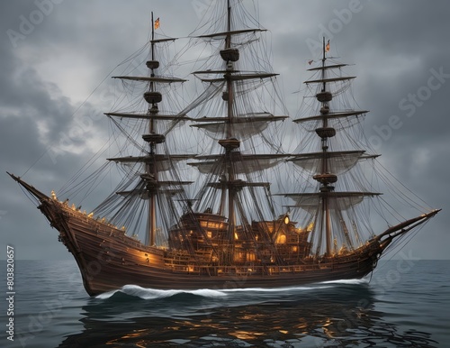 pirate ship traveling in the  sea © SarangaIsuru
