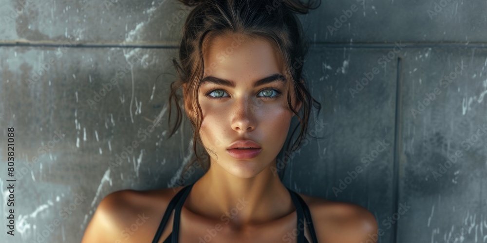 An athletic athletic girl stands against a concrete wall. Generative AI. An athletic athletic girl stands against a concrete wall. Generative AI.