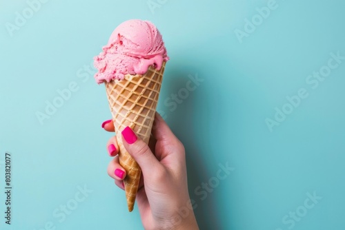 Woman Holding Pink Ice Cream in Waffle Cone Against Blue Pastel Background - Sweet Treat, Summer Dessert