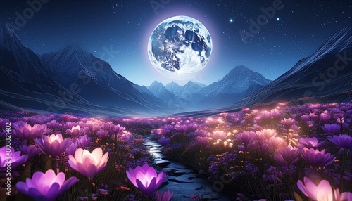 "Mystic Moonrise: Illuminated Blossoms in the Valley"
