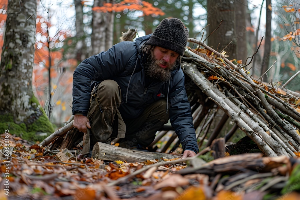 Carpenter Crafting a Sustainable Shelter in the Primitive Wilderness Carpenter Crafting a Sustainable Shelter in the Primitive Wilderness