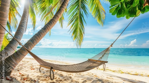 hammock between palm trees with beach view with white sand and turquoise water and blue sky with white clouds background © jongaNU