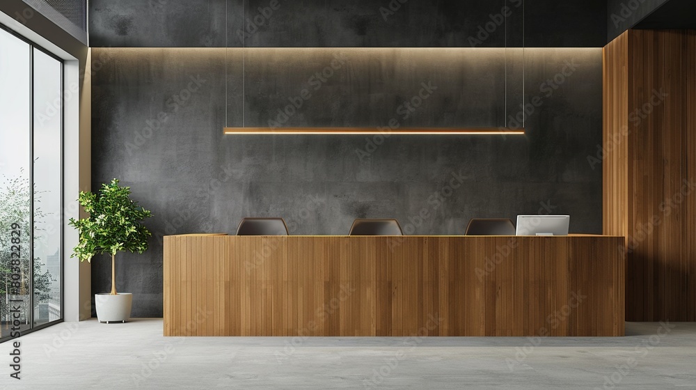 Contemporary office lobby with a minimalist wooden reception desk, clean and inviting Contemporary office lobby with a minimalist wooden reception desk, clean and inviting