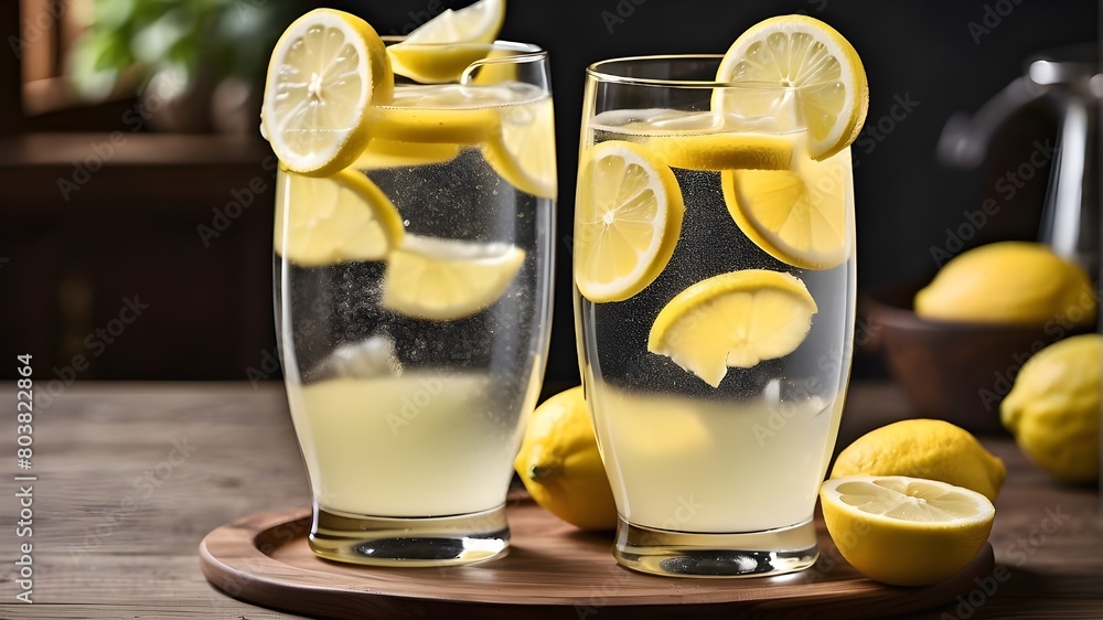 : A refreshing glass of sparkling lemonade with slices of fresh lemons floating on top. : A refreshing glass of sparkling lemonade with slices of fresh lemons floating on top.