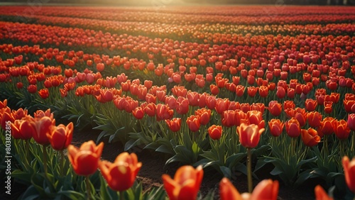 beauty view tulip field with sun shine background #803822815