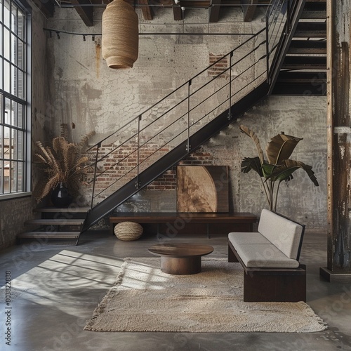 Elegant and inviting office waiting room in a loft, with a modern staircase and a rustic bench for seating
