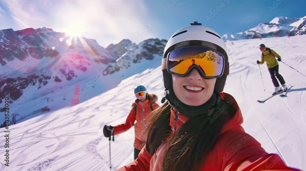 A person skiing down a snowy mountain. The person is wearing a helmet and goggles, and is smiling. There is another person skiing behind her.