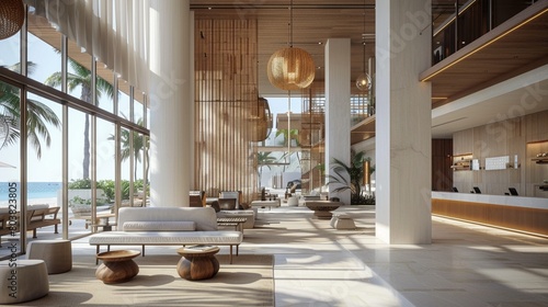 Sleek modern lobby at a beach resort, showcasing fresh and airy interior design photo