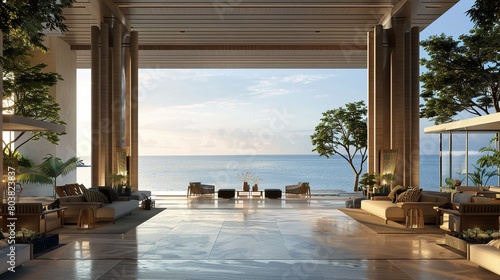 Sleek modern lobby of a beach resort, featuring expansive sea views in a 3D rendering © miss[SIRI]