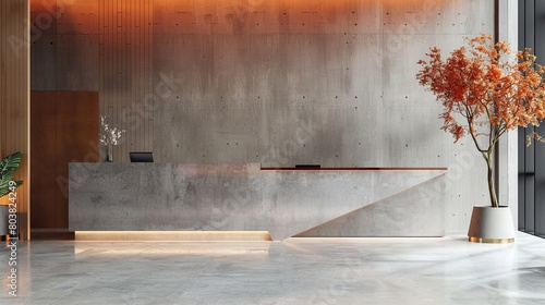 Streamlined reception desk in a modern office lobby, blending seamlessly with stylish interior design