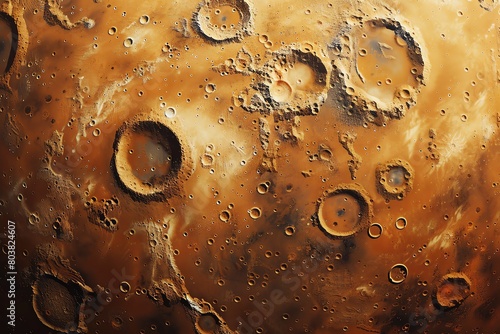 Highdefinition stock photo of a satellite view of Mars, highlighting its craters, valleys, and potential water signs, igniting curiosity about life beyond Earth