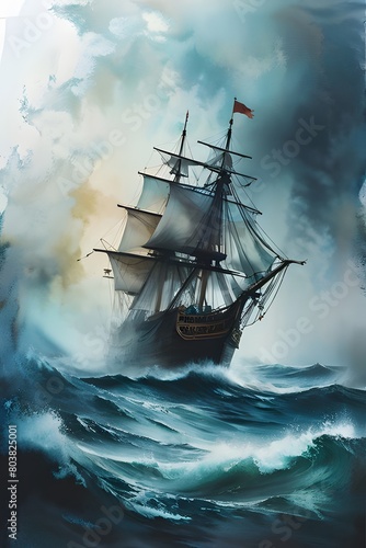 pirate ship enveloped in a mysterious ambiance of the sea. 
