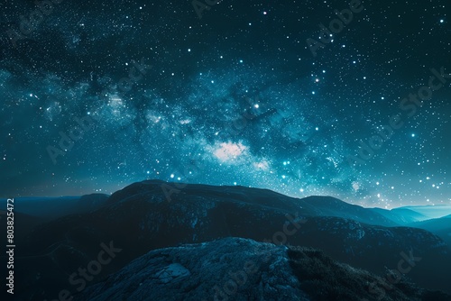 Serene stock photo of a clear night sky viewed from atop a mountain, with the galaxys core visible, emphasizing tranquility and exploration © Pniuntg