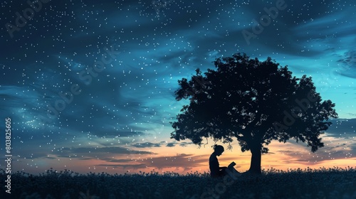 A solitary figure reads a book under a tree  illuminated by a starry sky  creating a magical and contemplative atmosphere.