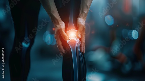 A Person Standing And Holding His Broken Knee , The Injury Being Highlighted In Red In The Knee Bone Area By Advanced Technology .