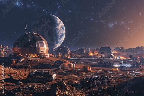 Stock image of a futuristic space colony on Mars, with habitats and vehicles, under a starfilled sky, imagining human life on another planet #803825863