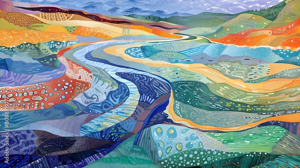 The image shows a colorful, textured painting of a rainbow over a landscape, resembling a mosaic map, with vibrant patterns and designs, illustrating an aerial view of a city and roads The image shows a colorful, textured painting of a rainbow over a landscape, resembling a mosaic map, with vibrant patterns and designs, illustrating an aerial view of a city and roads