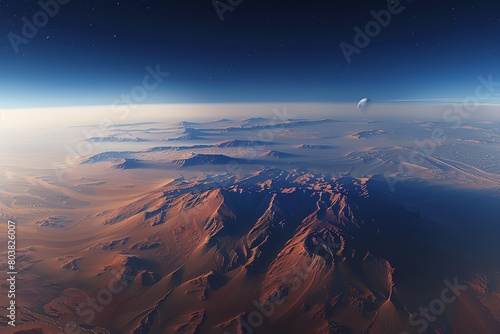 Stock image of a panoramic view from the top of Mars Olympus Mons  the tallest volcano in the solar system  revealing the vast Martian landscape
