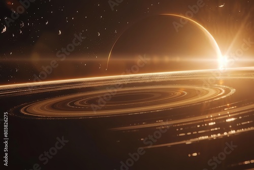 Stock image showcasing an ultrarealistic view of Saturns rings up close, revealing the icy and rocks particles layers © Pniuntg