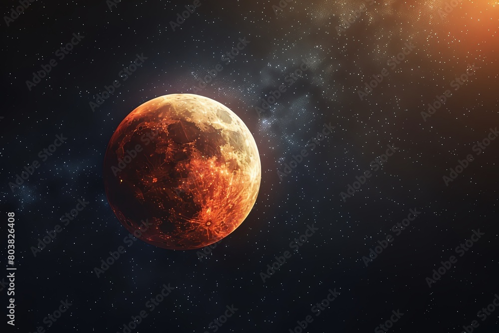 Stock photo of a lunar eclipse, Earths shadow casting a red glow on the moon, with stars twinkling in the background, capturing celestial dynamics