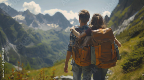 A young couple hiking in the mountains, laughing and enjoying each other's company while wearing backpacks