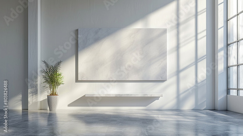 A sunbeam casting a gentle glow on a pristine white wall adorned with a single, elegant piece of modern art.