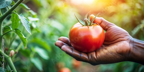Close up of a farmer hand holding a fresh ripe red tomato on a branch in his hand.