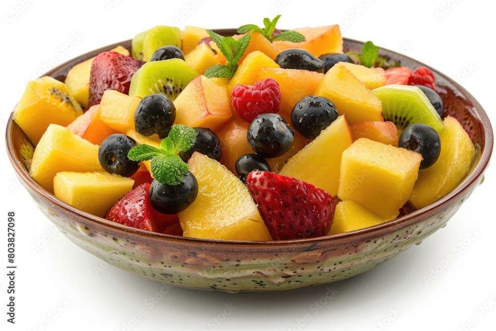 A bowl of fresh fruit salad with a background of pure white. Generative Ai
