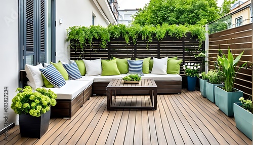  Beautiful of modern terrace with wood deck flooring and fence, green potted flowers plants and outdoors furniture. Cozy relaxing area at home. Sunny stylish balcony terrace in the city 