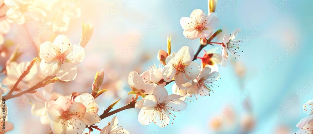 Spring background with blooming white flowers on light blue sky background
