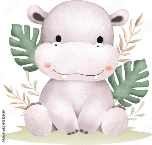 Watercolor Illustration Hippo and Tropical Leaves